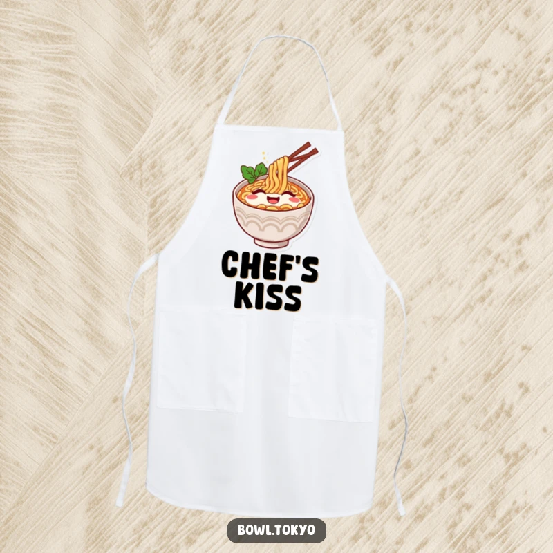 Funny Ramen Apron: A happy ramen bowl character humorously displaying a contented sigh.