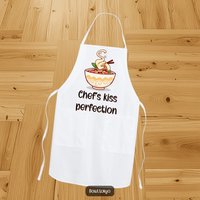 Funny ramen bowl apron character giggling with steam puffing happily, a practical and humorous kitchen essential.
