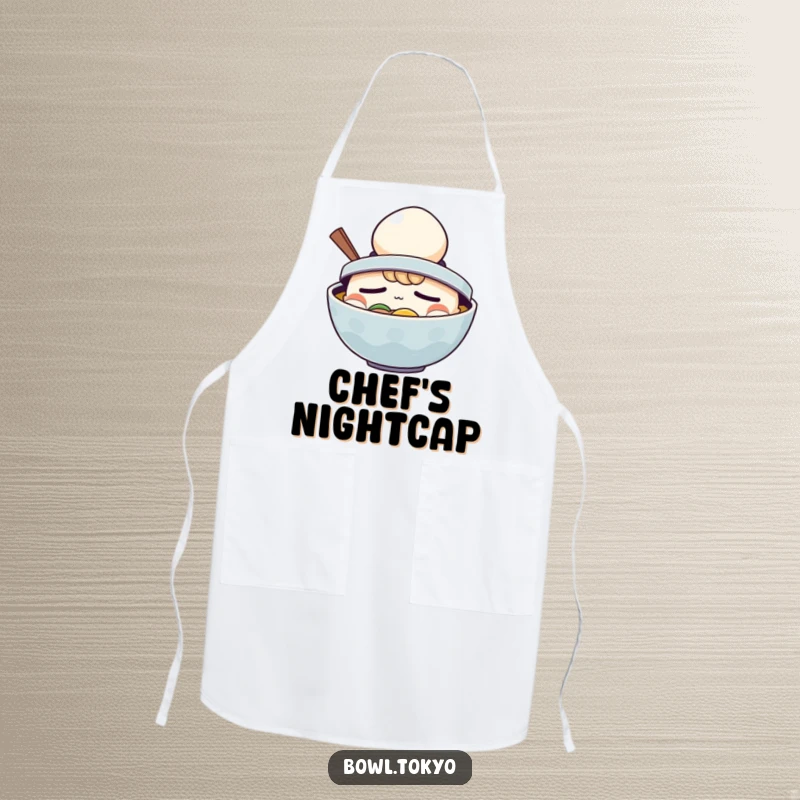 Funny Ramen Apron: A sleepy ramen bowl character comically wearing a tiny egg as a hat.