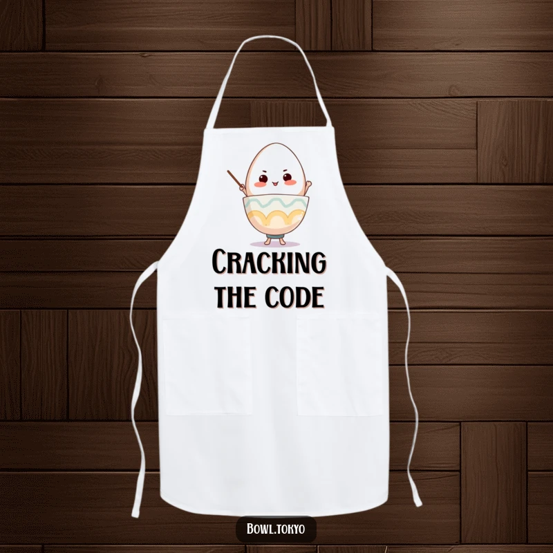 Funny Ramen Bowl Apron, a determined character balancing a giant egg, ideal for chefs.