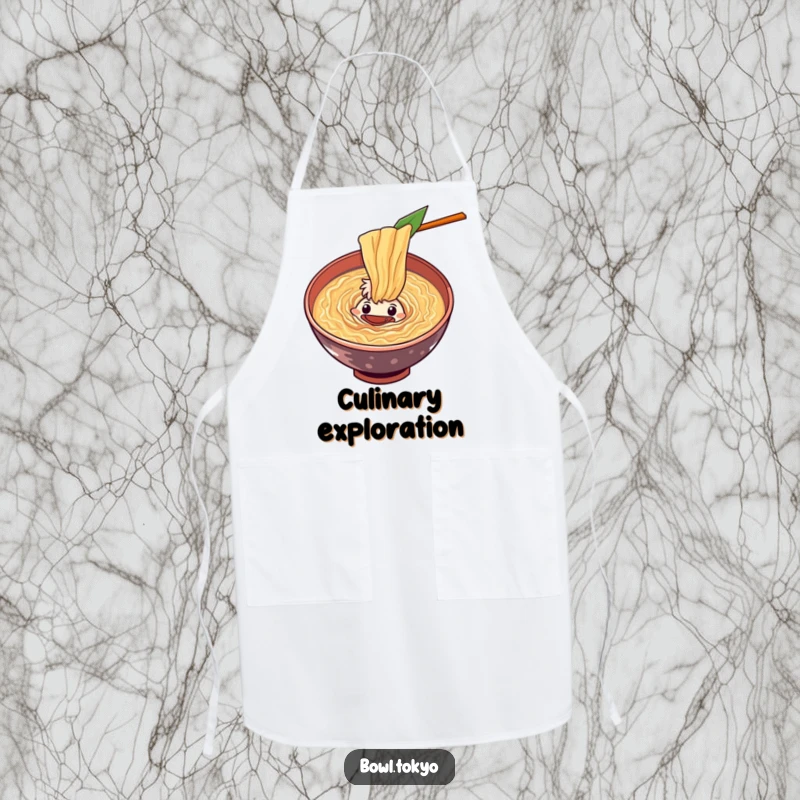 Funny curious ramen bowl apron character peering into a swirling vortex of flavorful soup, practical kitchen humor.