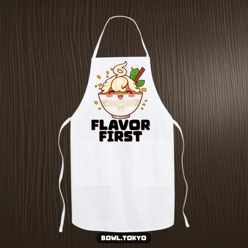 Funny apron featuring a cheerful ramen bowl character with a bursting flavor cloud, ideal for humorous cooking and kitchen wear.