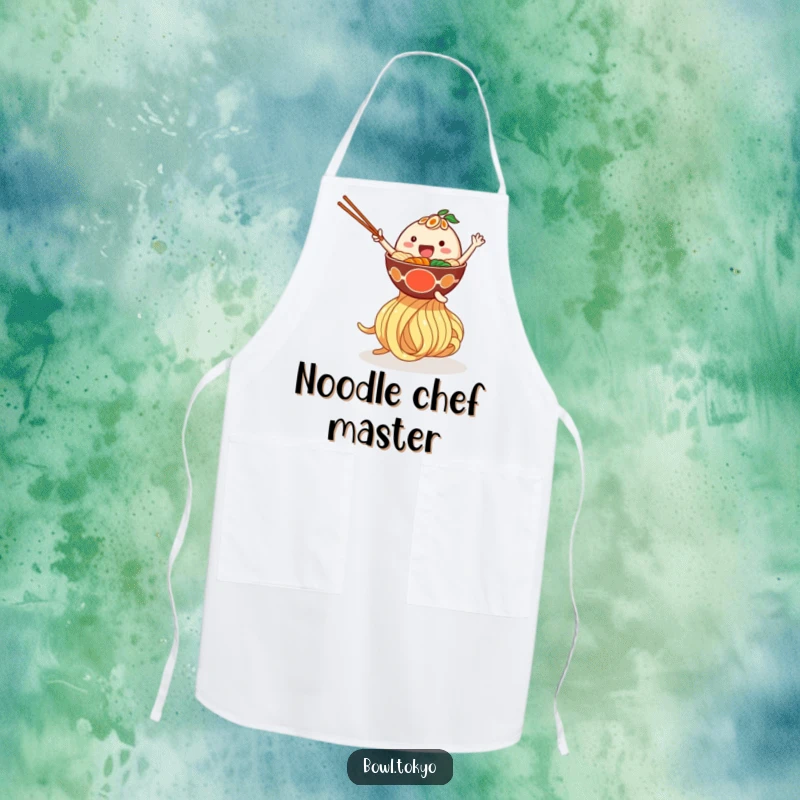 Funny apron with a happy ramen bowl character bouncing on a giant noodle, ideal for kitchen fun and protection.