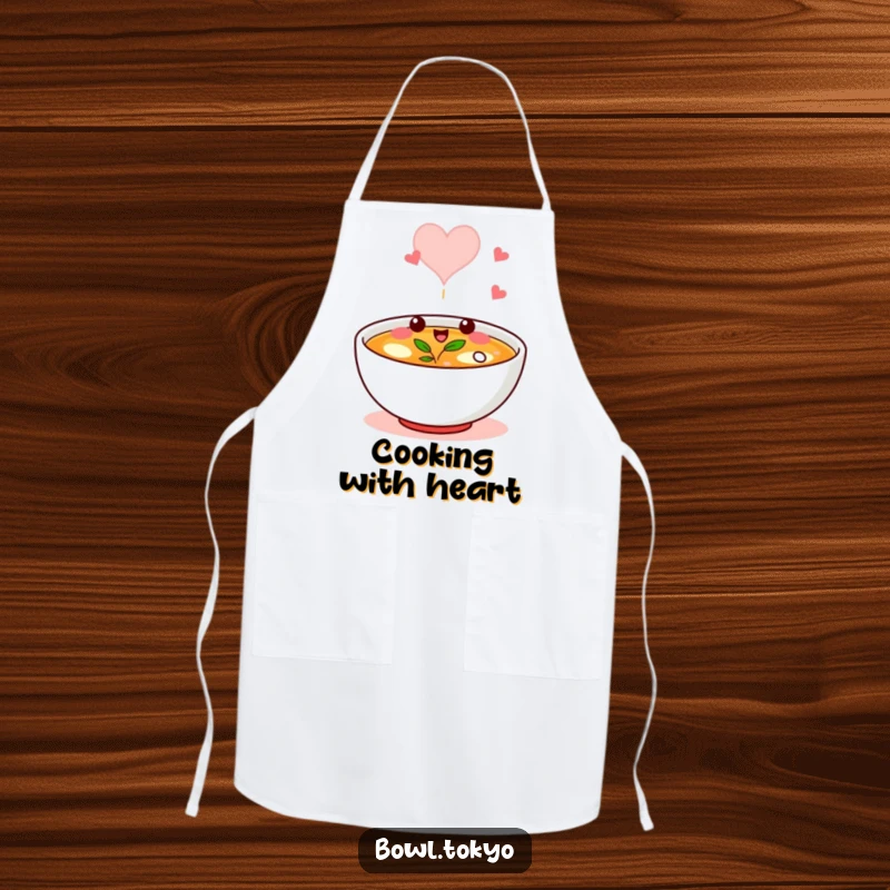 Funny apron showing a broth bowl character winking, its steam forming a heart, perfect for kitchen fun.