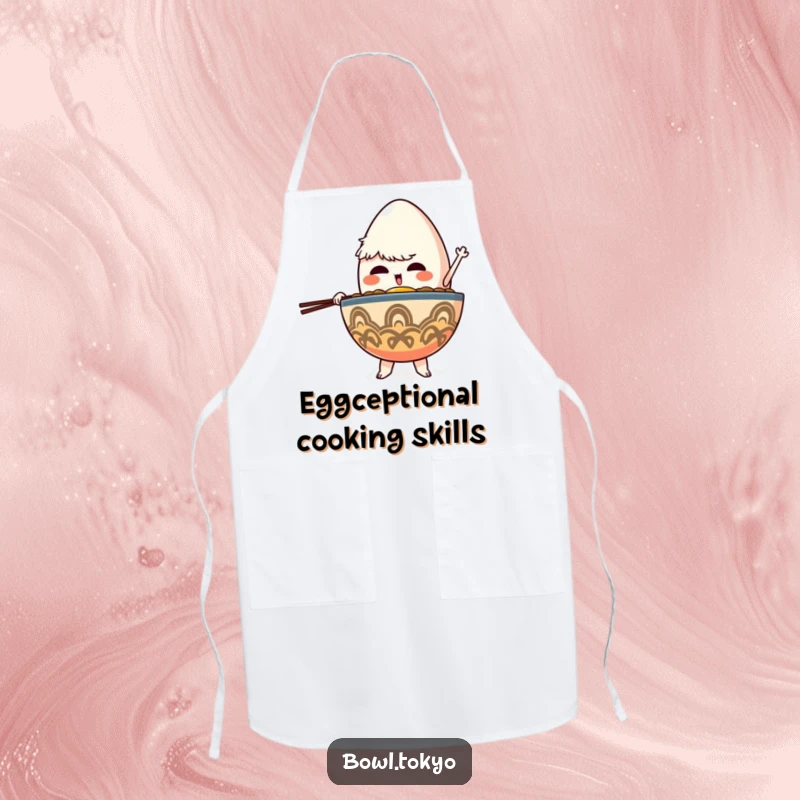 Funny Chef Ramen Bowl Apron depicting a determined character balancing a giant egg, making cooking a focused and fun task.