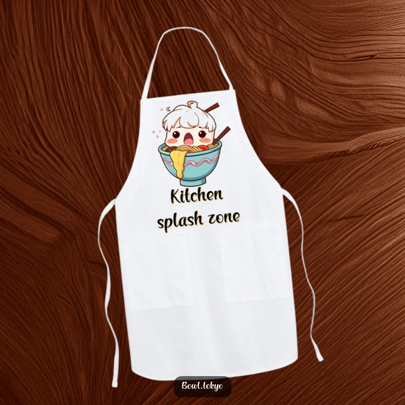 Funny Ramen Bowl Apron, a surprised character with noodles splashing out, perfect for kitchen fun.