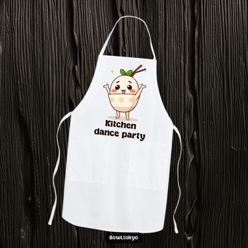 Funny Cute Ramen Bowl Apron with an anthropomorphic character performing a silly dance, adding a playful spirit to cooking.