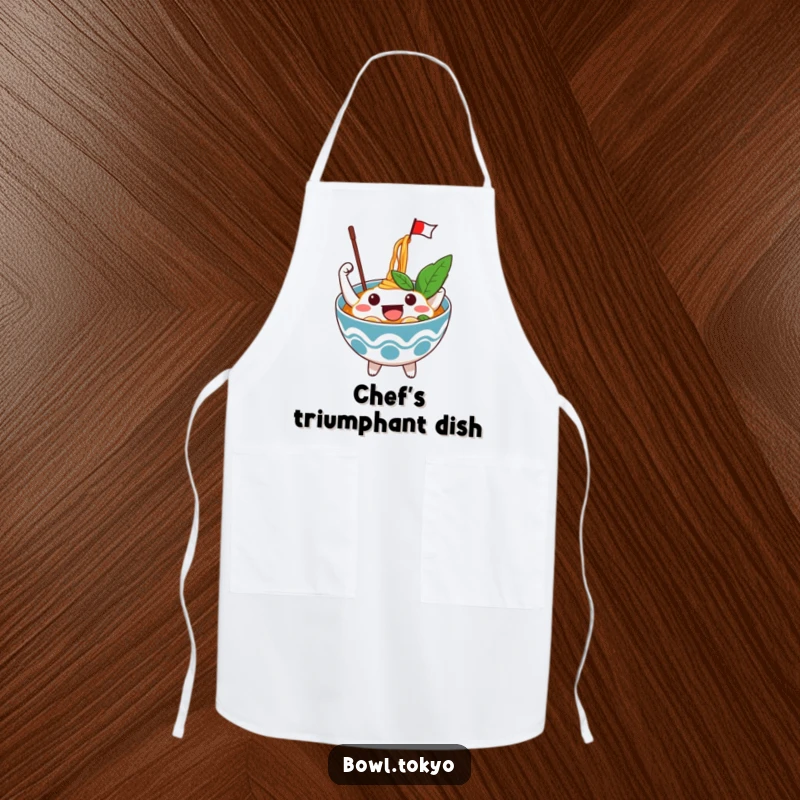 Funny Excited Ramen Bowl Apron with an excited character waving a flag from noodles, bringing cheerful energy to the kitchen.