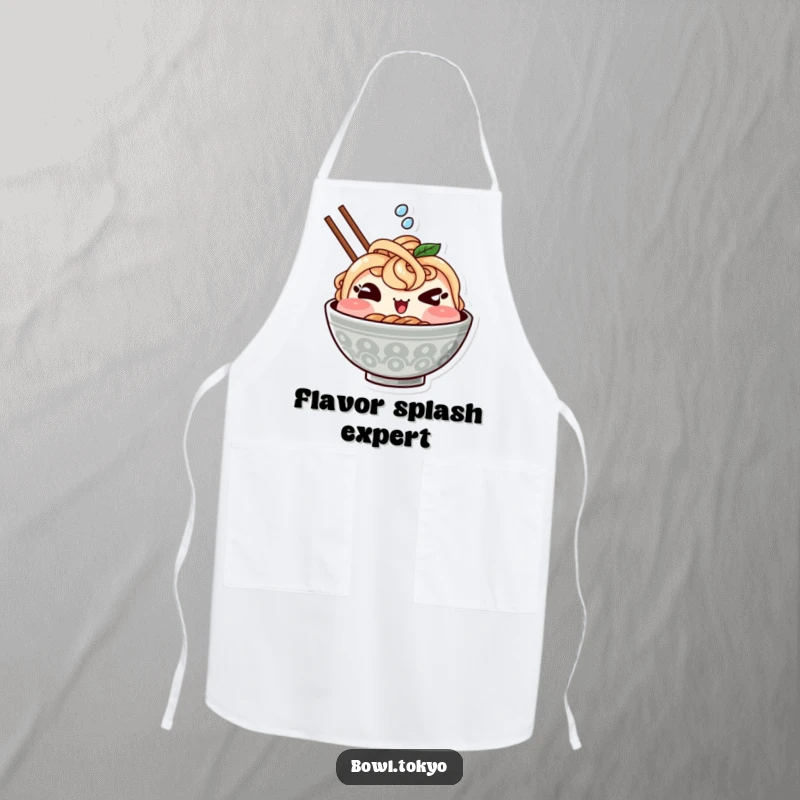 Funny apron showing a cute Kawaii ramen bowl character winking mischievously and splashing, bringing foodie humor to the kitchen.