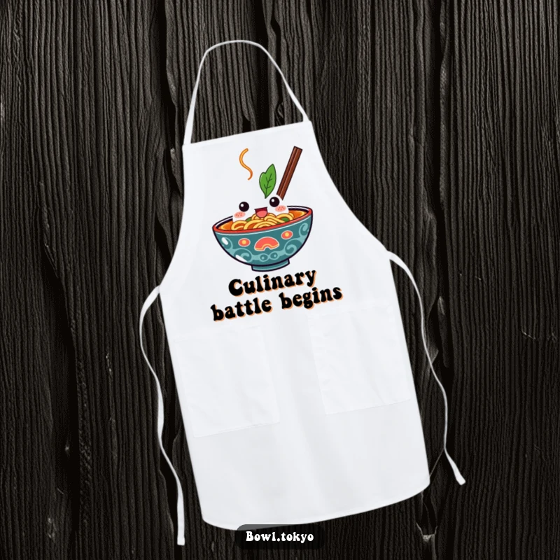 Funny Kawaii Ramen Bowl Apron with a determined expression, ready to assist in creating delicious meals with a bold spirit.