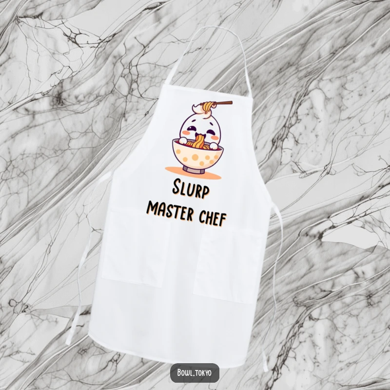 Funny kawaii ramen bowl apron with a joyful character joyfully slurping a noodle while cooking, looking delighted.