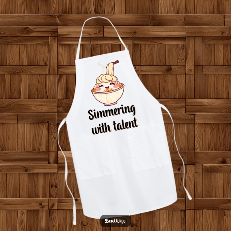 Funny chef apron featuring a smiling ramen bowl character with steam rising to look like cheerful, bubbly laughter while cooking.