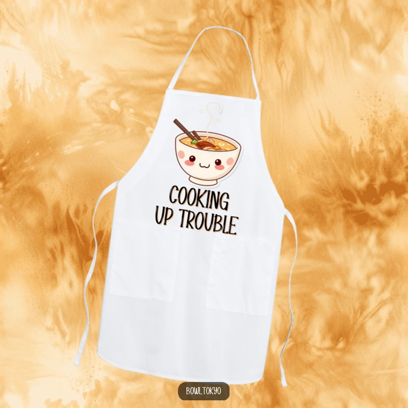 Funny cute kawaii ramen bowl apron with a mischievous grin peeking from steam, ready to cook.