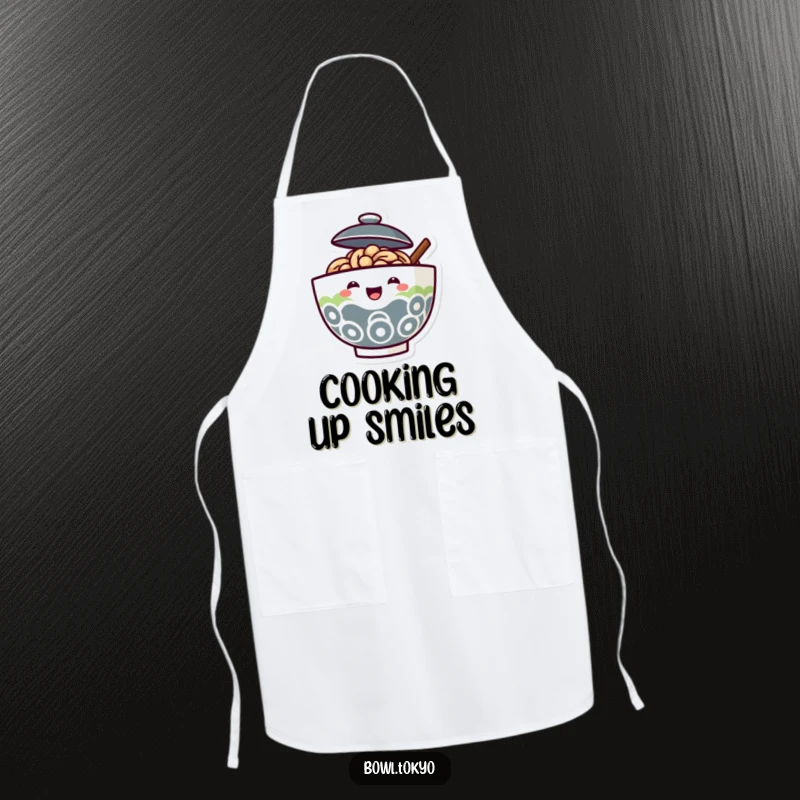 Funny Ramen Bowl Apron with a lid ajar and a joyful face peeking out, ideal for cooking.