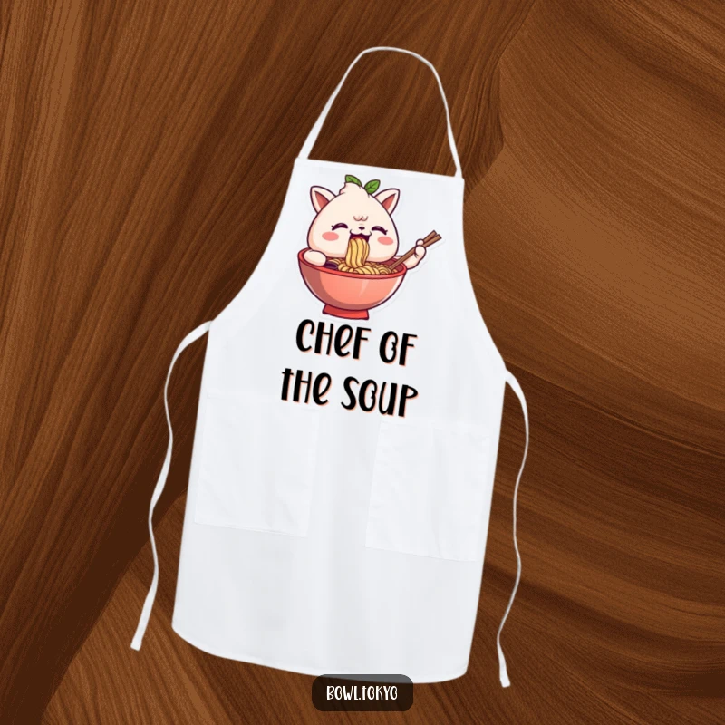 Funny apron depicting an anthropomorphic ramen bowl character comically slurping noodles with a happy, chef-like demeanor in the kitchen.