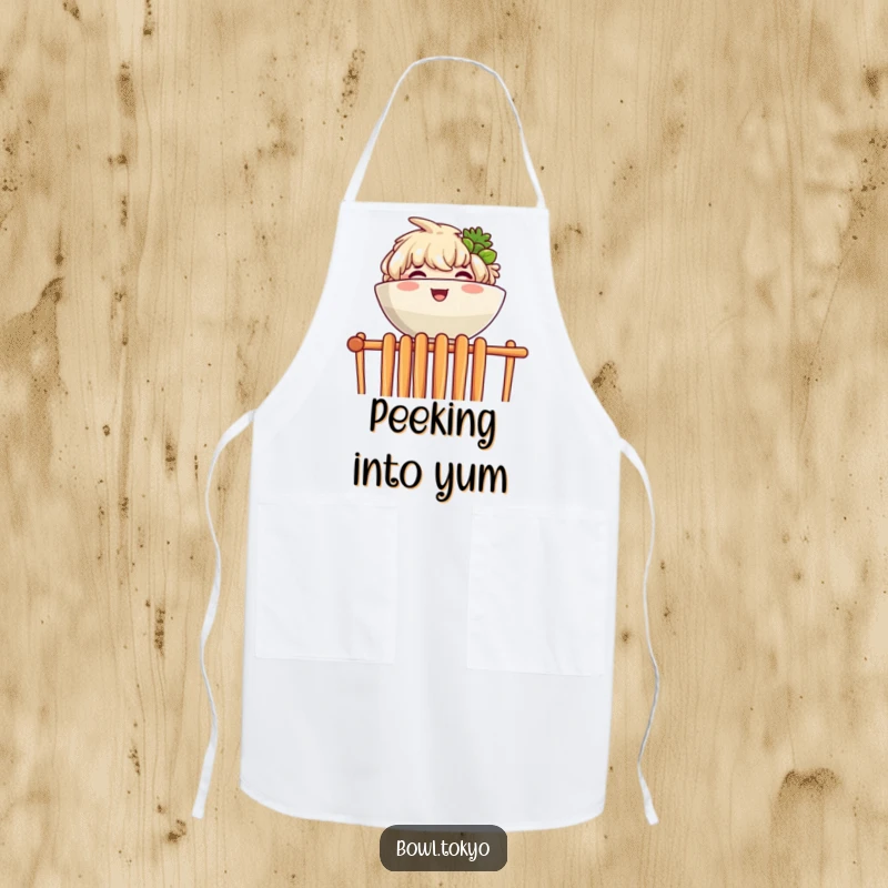 Funny apron featuring a joyful ramen bowl character peeking over a wall of chopsticks, ideal for humorous cooking.