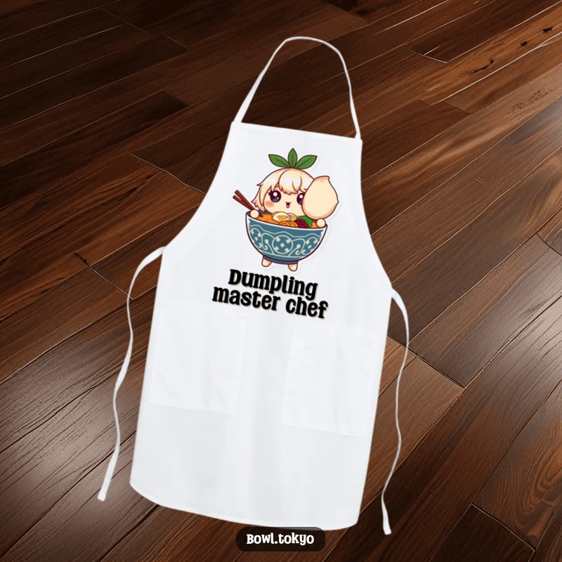 Funny apron featuring a ramen bowl character with sparkling eyes, holding an oversized dumpling, ideal for humorous cooking.