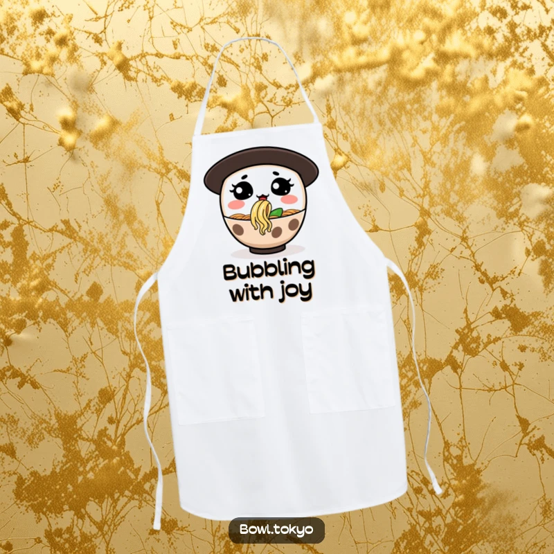 Funny apron featuring a ramen bowl character with a silly expression blowing a noodle bubble, ideal for humorous cooking.