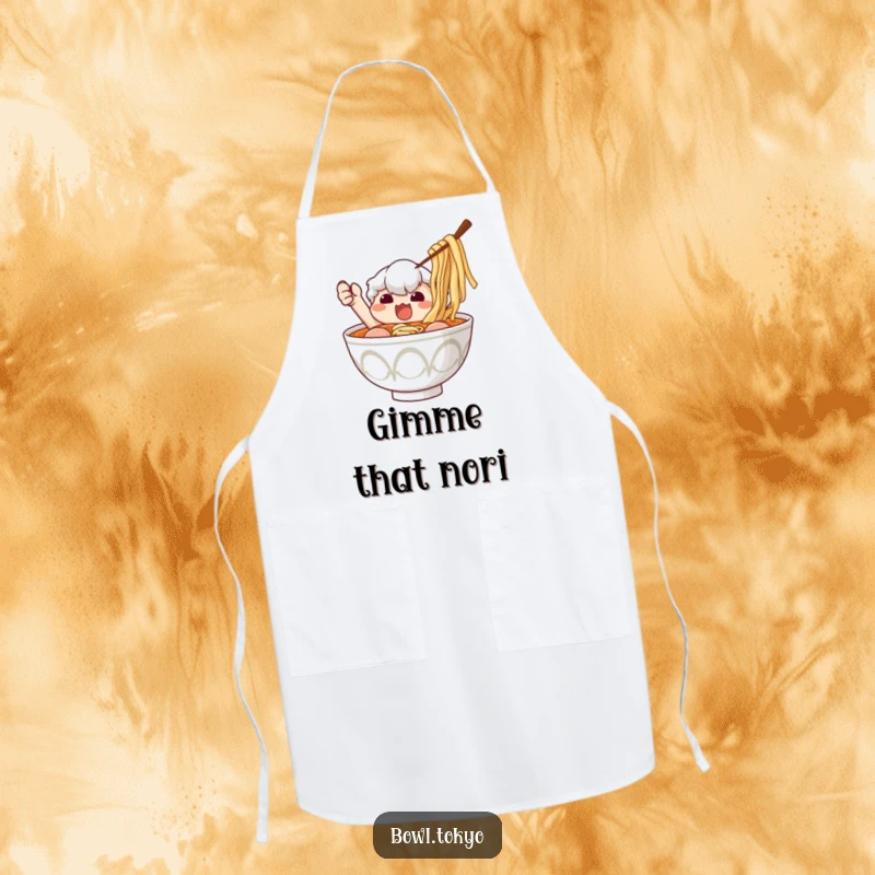 Funny Ramen Apron: A determined ramen bowl character comically attempting to grab a stray piece of nori.