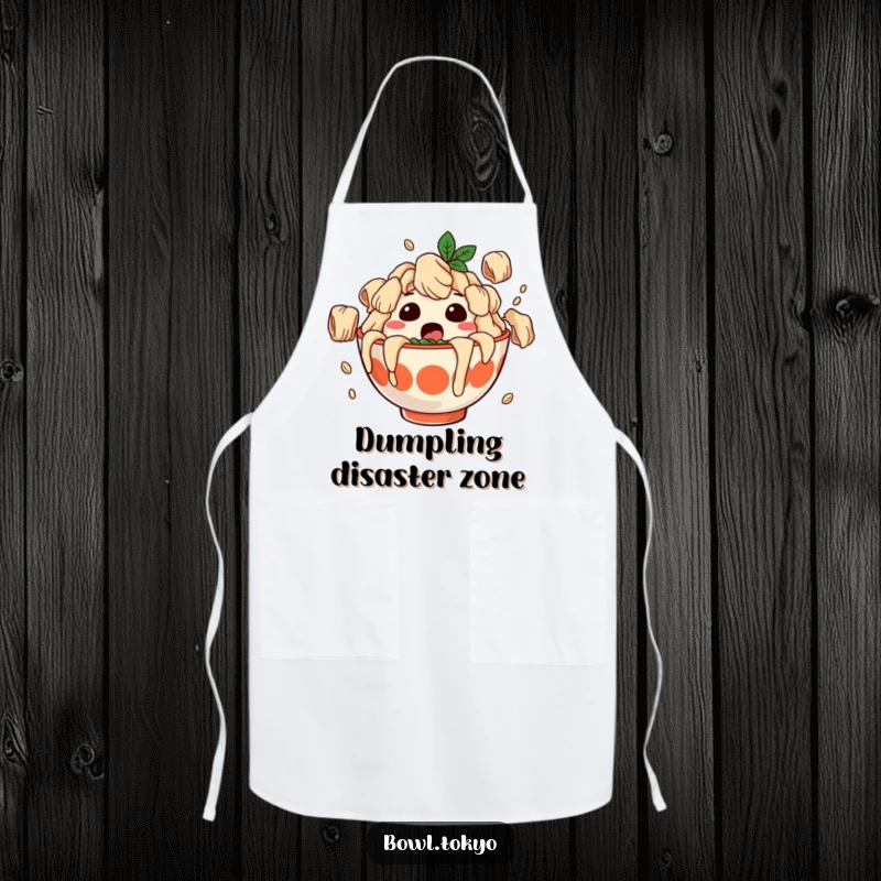 Funny apron with a surprised ramen bowl character covered in falling dumplings, ideal for kitchen fun and protection.