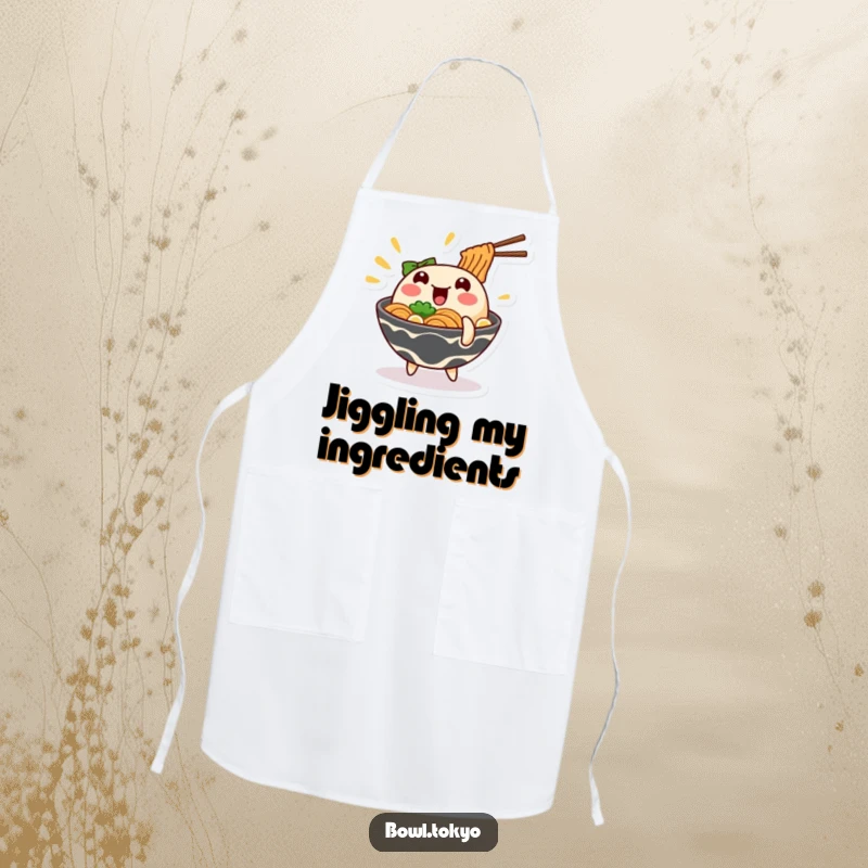 Funny wobbling ramen apron showing a noodle bowl character in a comical wobble, great for the kitchen.