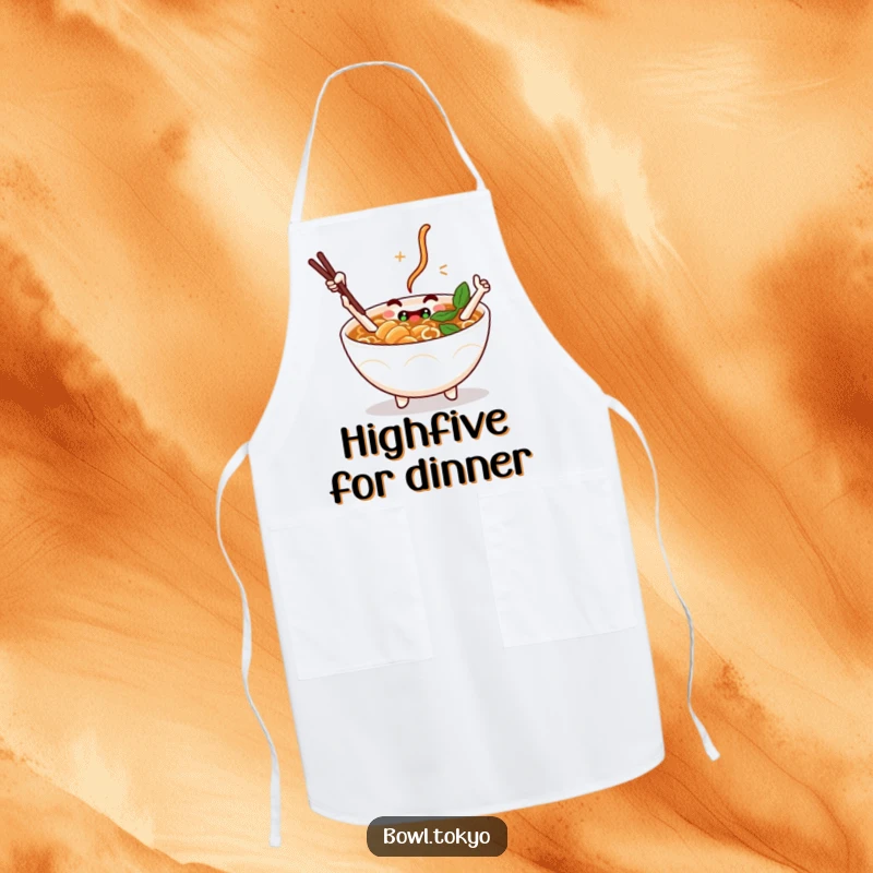 Funny Apron: A ramen bowl character with chopstick arms giving a high-five, bringing fun to the cooking experience.