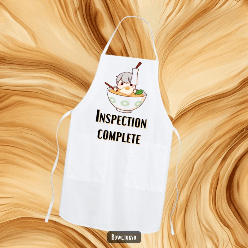 Funny Ramen Apron: A curious ramen bowl character humorously examining a floating piece of kamaboko.