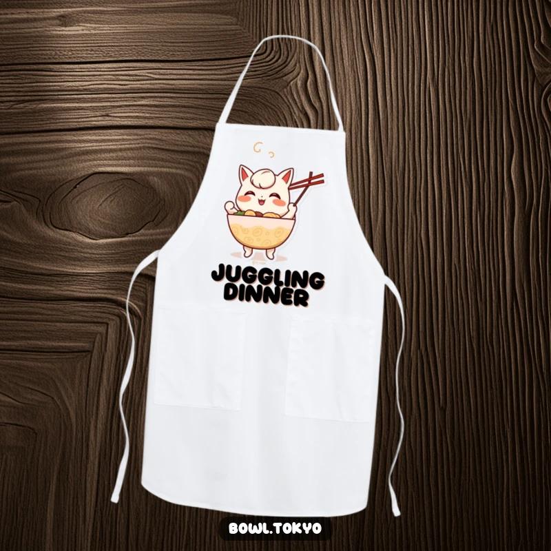 Funny cheerful anthropomorphic ramen bowl apron with a character happily juggling chopsticks, ready to cook.