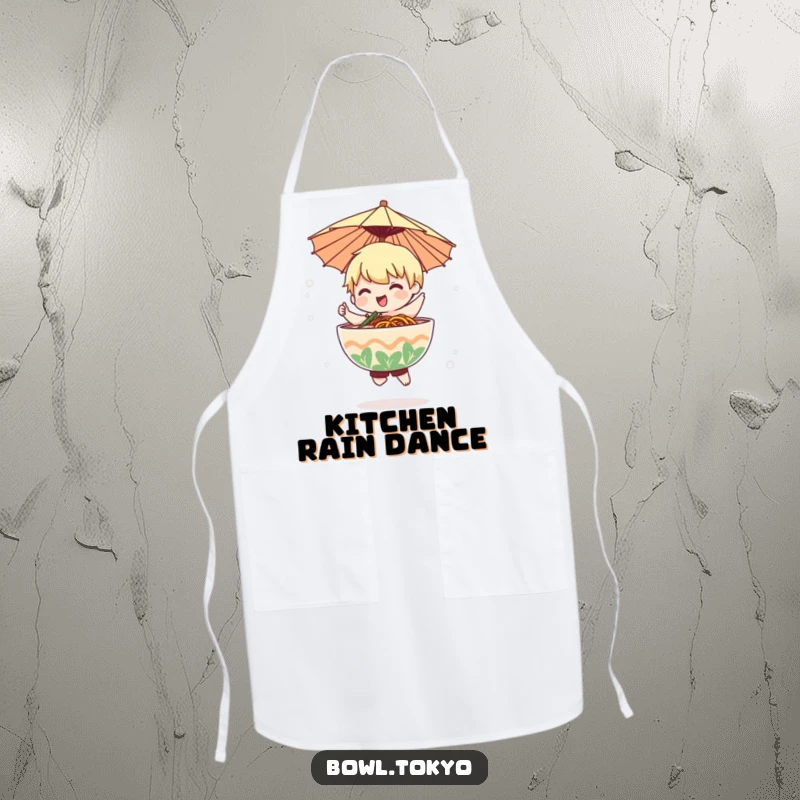 Funny ramen bowl character wearing a small paper umbrella dances softly in a misty setting on this apron.