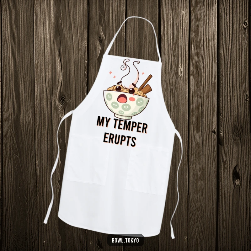 Funny surprised ramen bowl apron, depicting a shocked noodle character with comical steam, ideal for kitchen adventures.