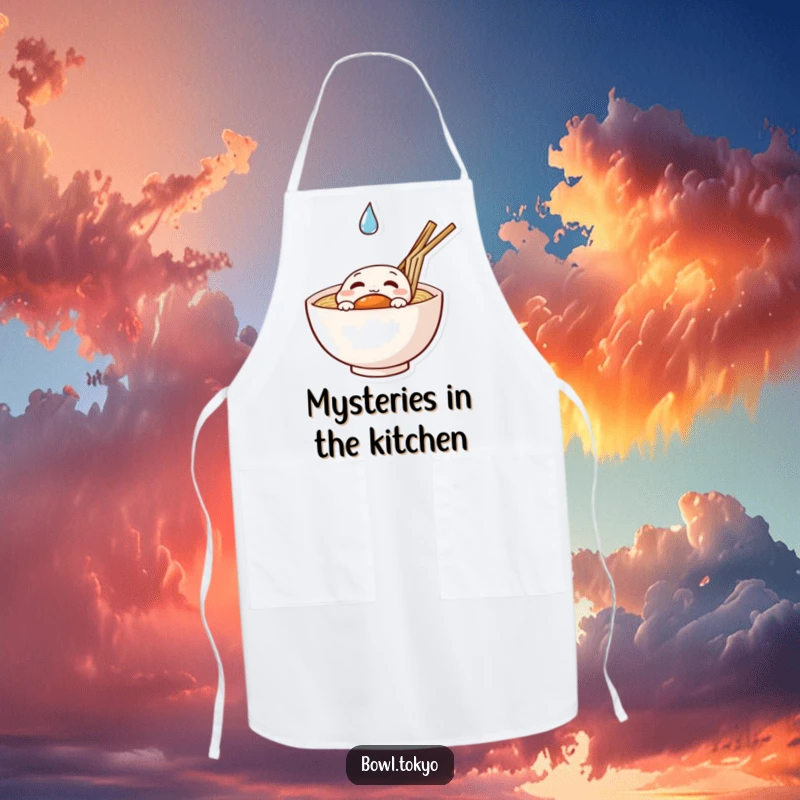 Funny curious ramen apron showing a noodle bowl character peeking at a floating droplet, great for chefs.