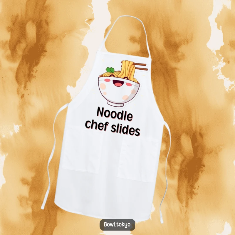 Funny apron featuring a ramen bowl character with a huge grin, sliding down a noodle, ideal for humorous cooking.