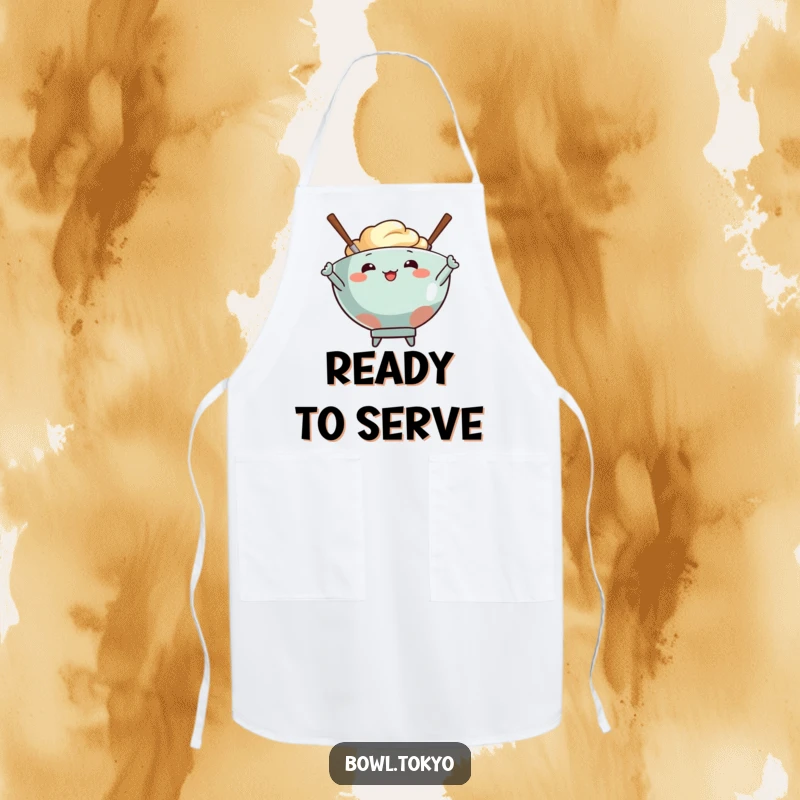 Funny apron showing a food bowl character and energetic chopsticks striking a cool pose, perfect for cooking.