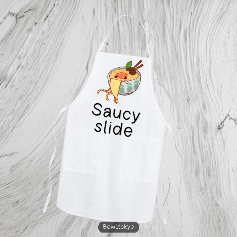 Funny apron showcasing a happy ramen bowl character sliding down a noodle string, perfect for kitchen fun.