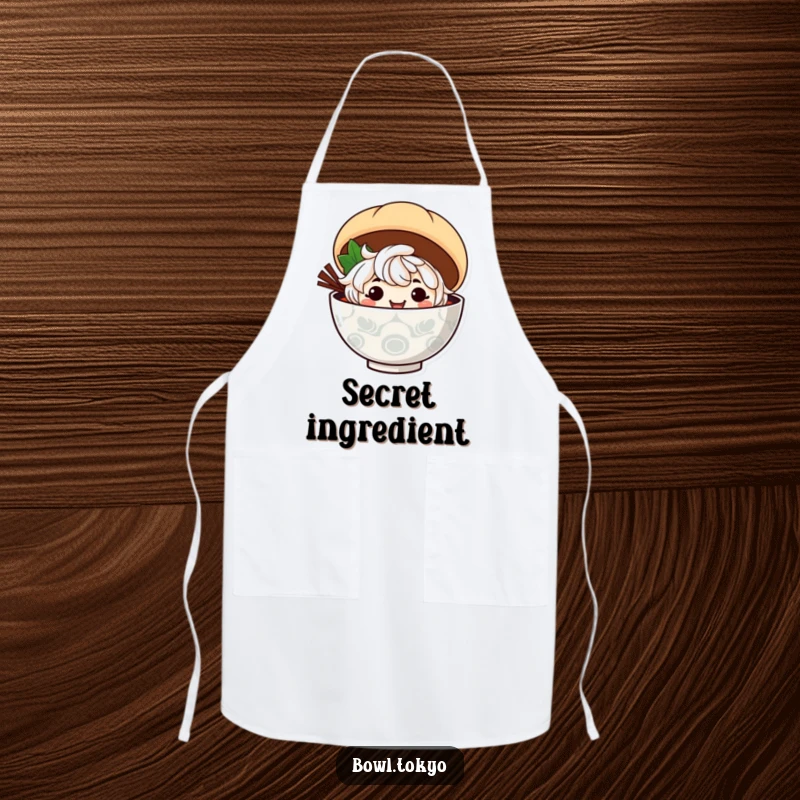 Funny ramen bowl character with a mischievous grin peeks from behind a steamed bun while wearing this apron.