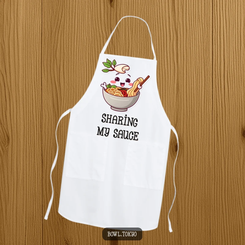 Funny kitchen apron with a playful ramen bowl character offering a noodle, embodying a friendly and generous spirit.