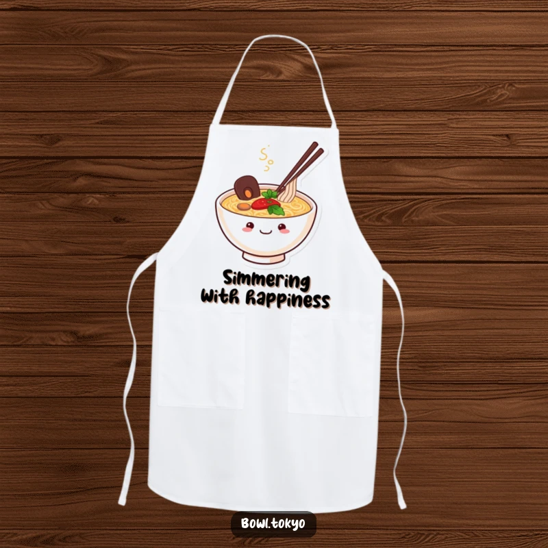 Funny Ramen Bowl Apron depicting a happy, smiling chef character with steam rising from a bowl, adding warmth and humor to cooking.