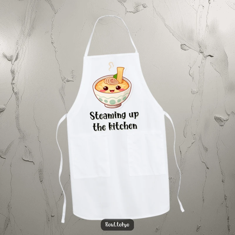 Funny Chef Ramen Bowl Apron featuring a cute noodle character with a smiling steam face, making cooking fun.