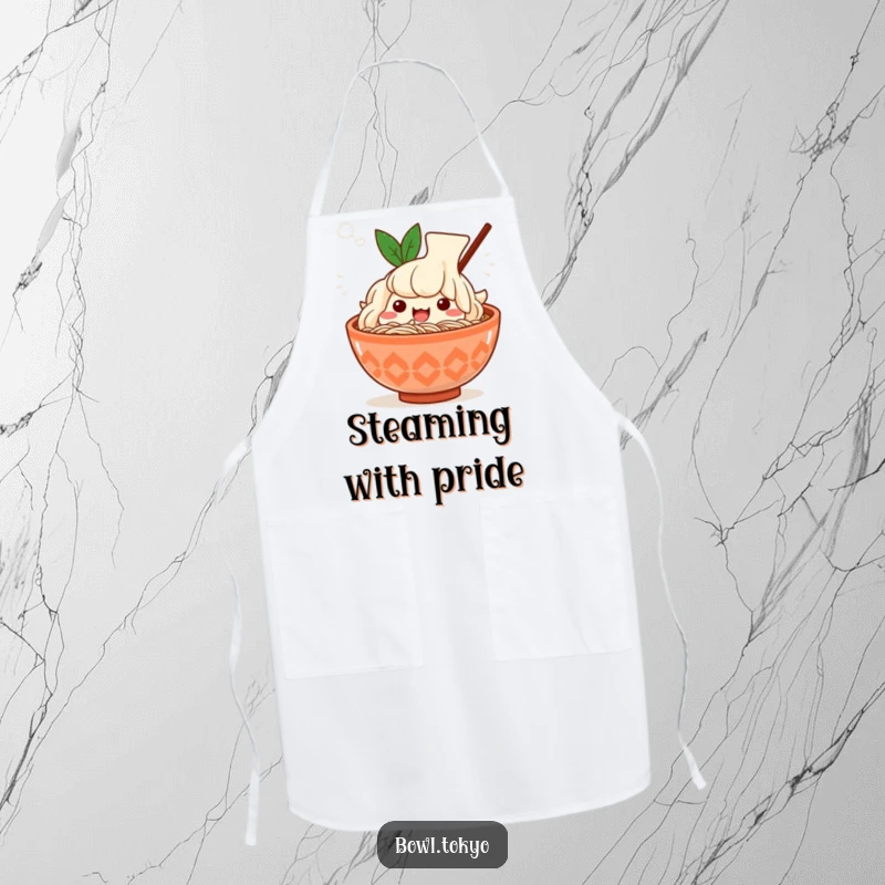 Funny Kawaii ramen bowl apron, character sighing happily, surrounded by steam, culinary humor, kitchen accessory.