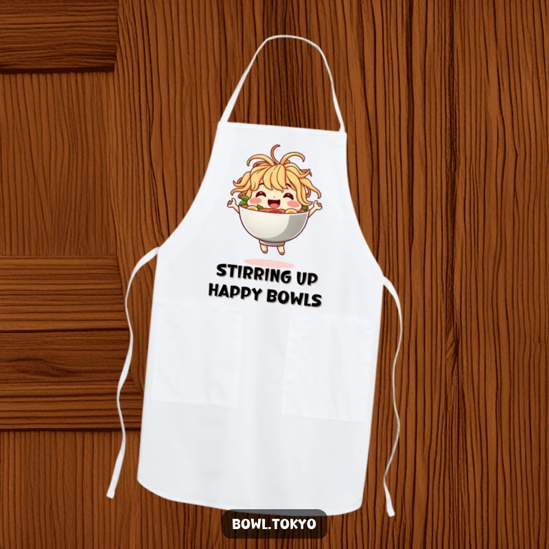 Funny Apron: A happy ramen bowl character with noodle hair dancing while cooking, adding humor to the kitchen.