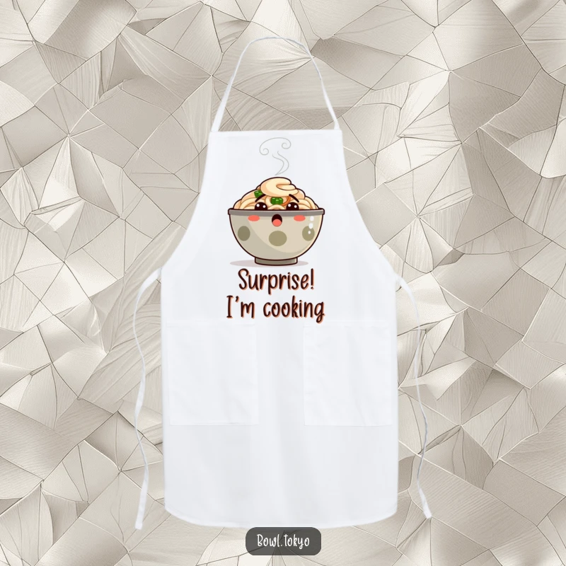 Funny Apron: A ramen bowl character with steam puffing out, humorously depicting surprise during cooking.