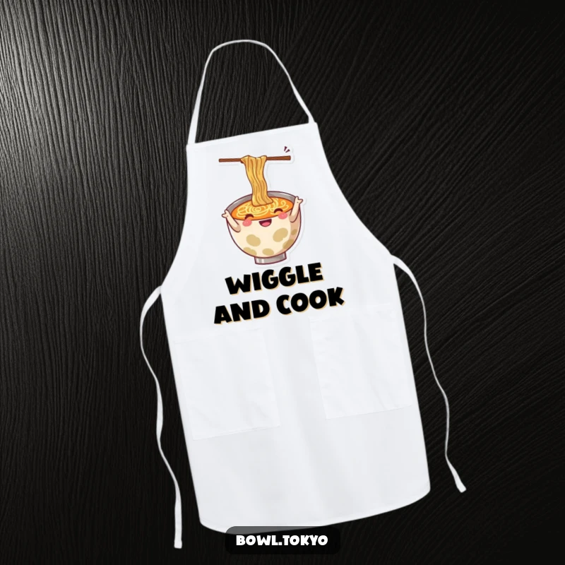 Funny apron showing a cheerful ramen bowl character gesturing with wiggling chopsticks, perfect for kitchen fun.