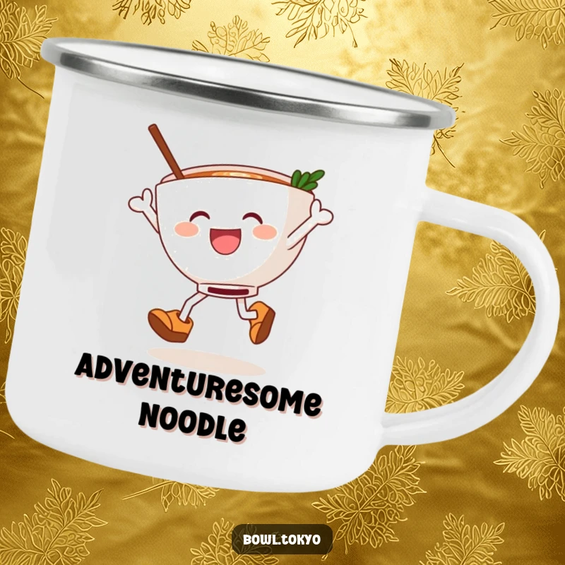 Funny ramen bowl in wooden clogs, joyfully leaping, a durable enamel camping mug for outdoor meals and humor.
