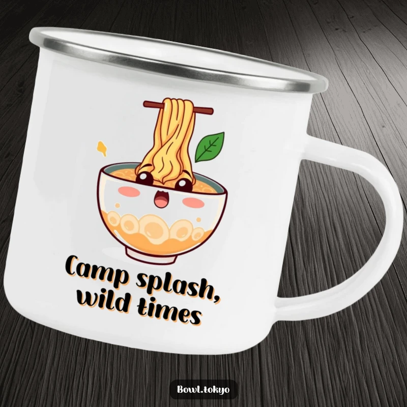 Funny Camp Ramen Bowl Mug featuring a surprised character with noodles splashing out, bringing a splash of humor to camping.
