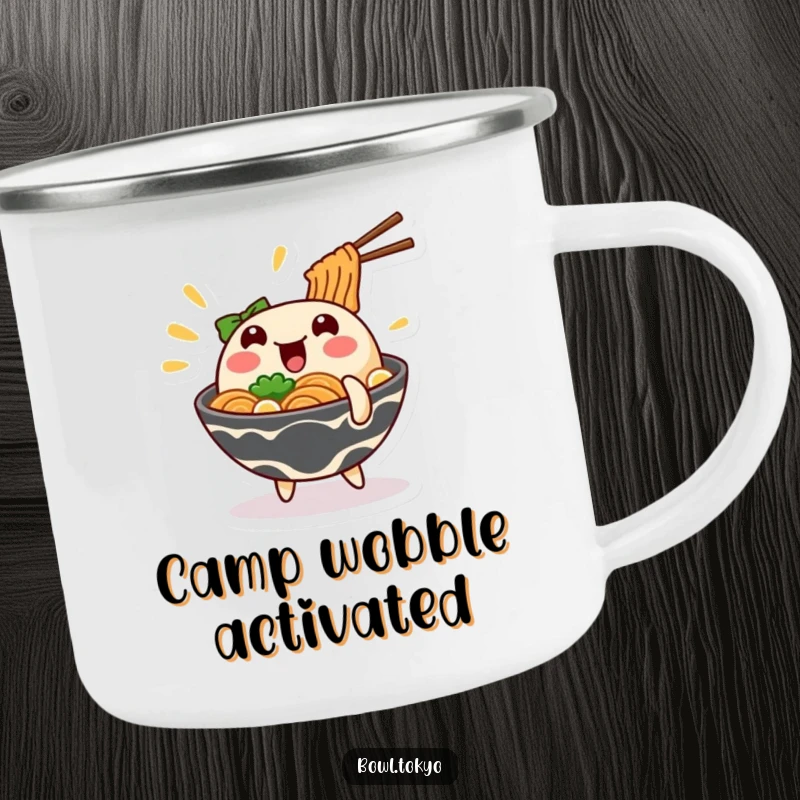Funny wobbling ramen camping mug featuring a noodle bowl character in a comical wobble, for outdoor fun.