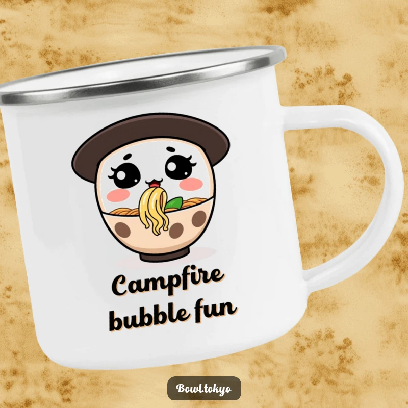 Funny camping mug with a ramen bowl character making a silly face while blowing a noodle bubble, ideal for outdoor use.