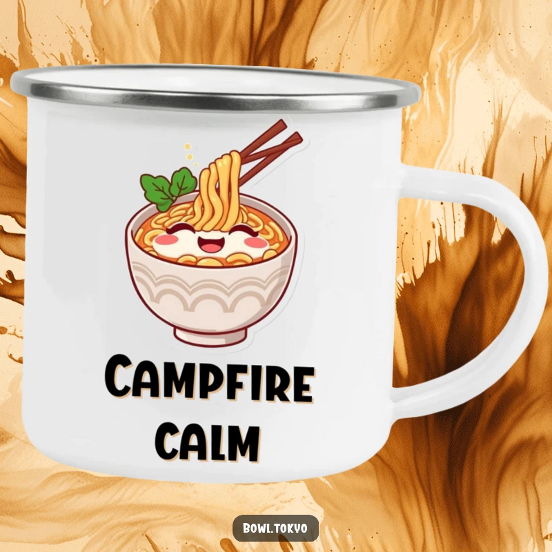 Funny Ramen Camping Mug: Happy ramen bowl character humorously displaying a contented sigh outdoors.