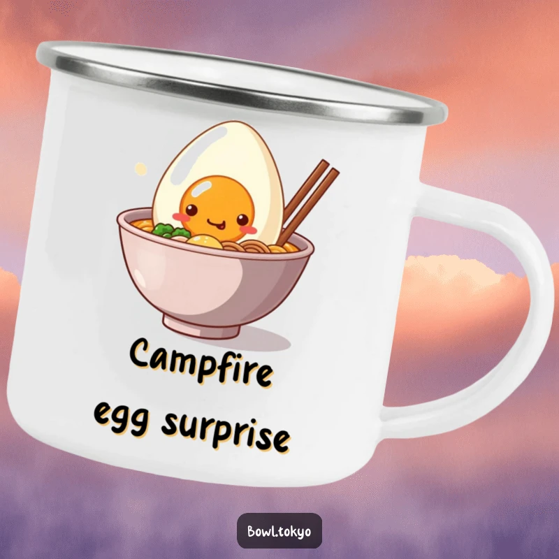 Funny Camping Mug featuring a kawaii ramen bowl and a smiling egg friend, ready for outdoor fun and smiles.