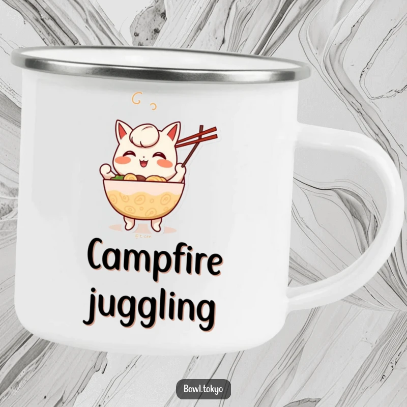 Funny cheerful anthropomorphic ramen bowl camping mug with a character happily juggling chopsticks, for outdoor enjoyment.