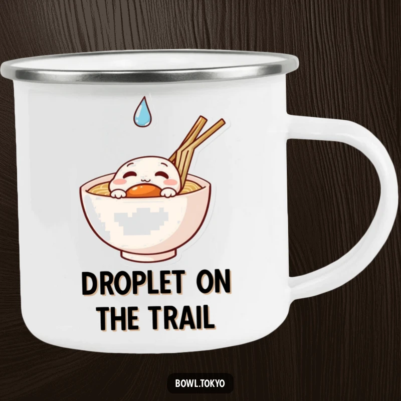 Funny curious ramen camping mug featuring a noodle bowl character peeking at a droplet, for outdoor exploration.